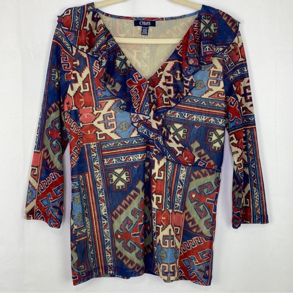 Chaps Aztec Tribal Southwest Print Mesh Knit Top V-Neck Ruffle Blouse